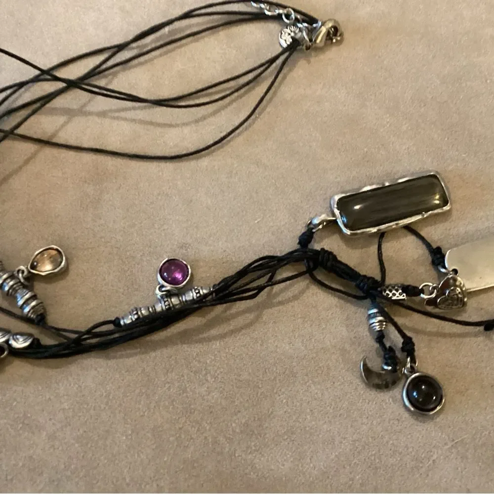 Black Triple Strand Corded Necklace with Multi-Color Charm Accents